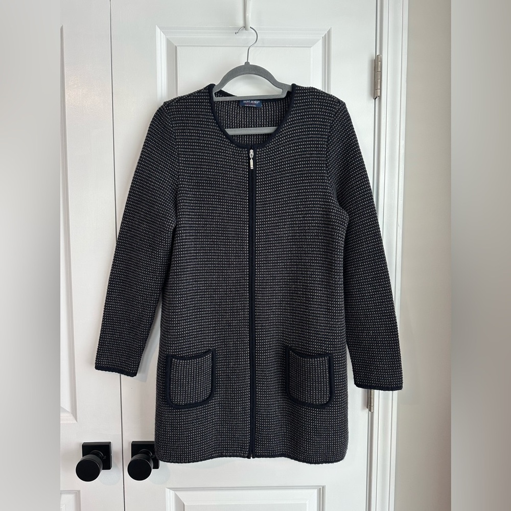 Saint James Women’s Wool Blend Zippered Sweater Jacket Navy Cream Size Medium